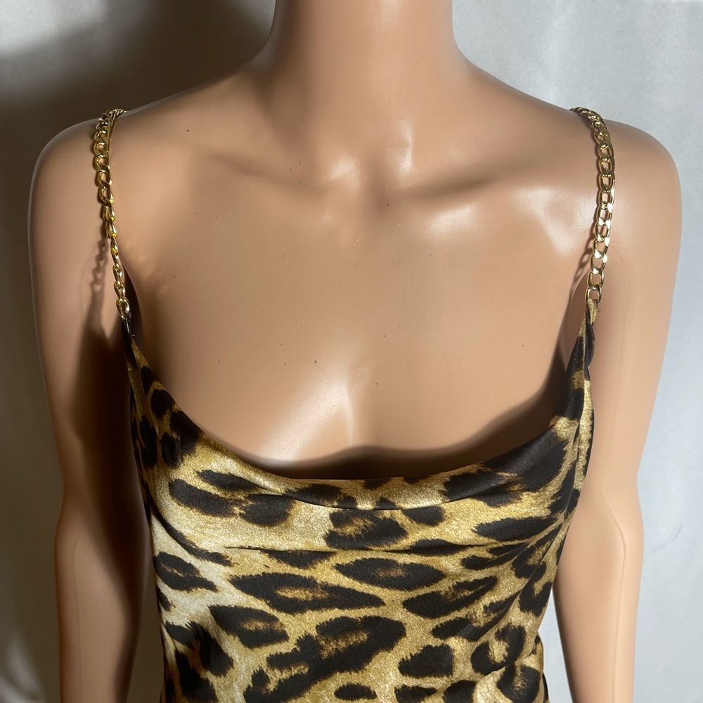 MICAS Leopard Print Satin Maxi Dress Gold Chain Open Back Size L - Picture 2 of 9